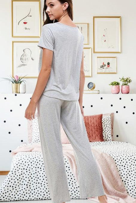 Grey Cotton pyjama set from Miley and Molly Grey cotton modal pyjamas with short sleeves. The loose fitting top and bottom set pyjamas are in a super soft cotton 