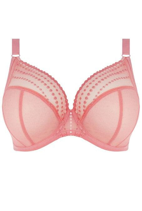 Elomi Matilda Pink underwired plunge bra, a new sheer plunge bra with embroidery that emulates rows of embroidery in a contrasting colour